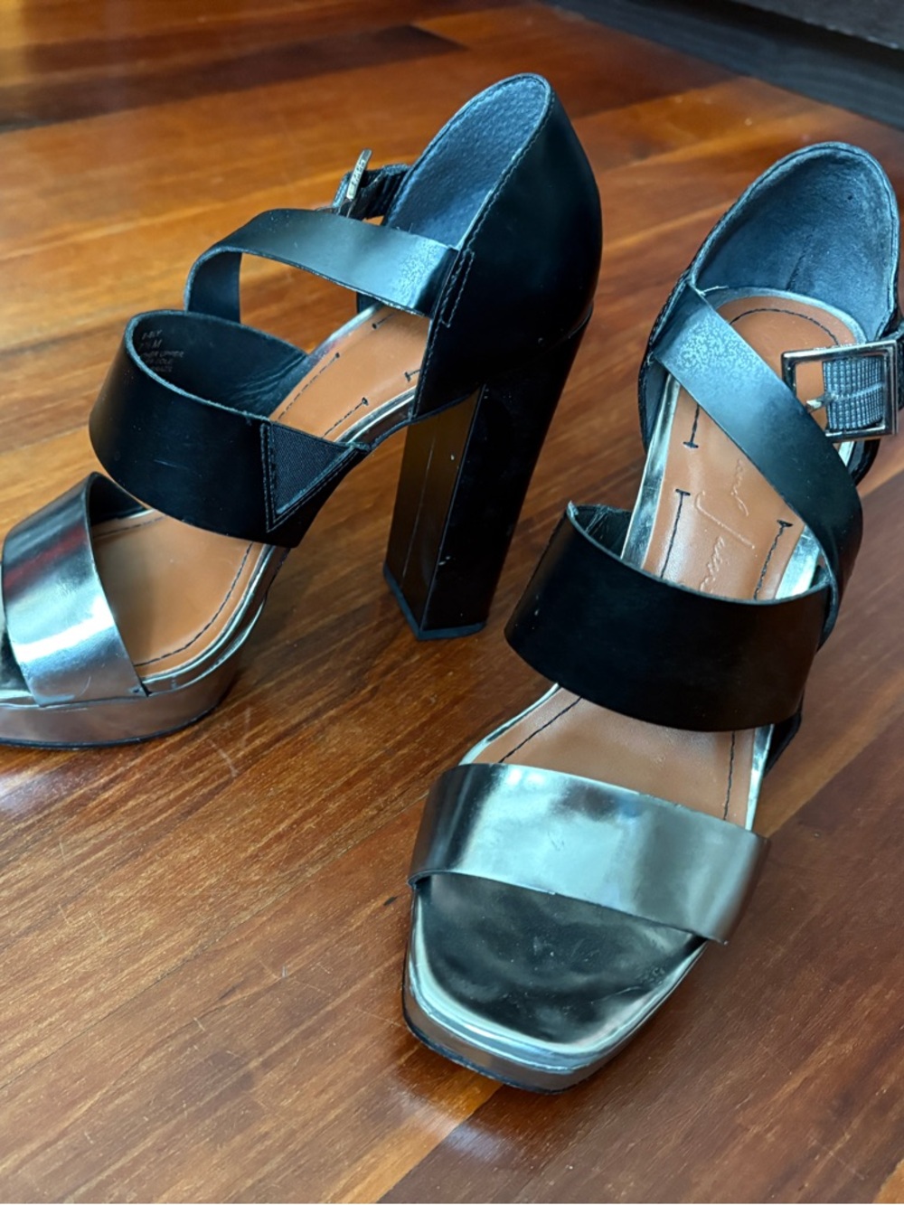 Italian Black and Silver High Block Heel Sandals